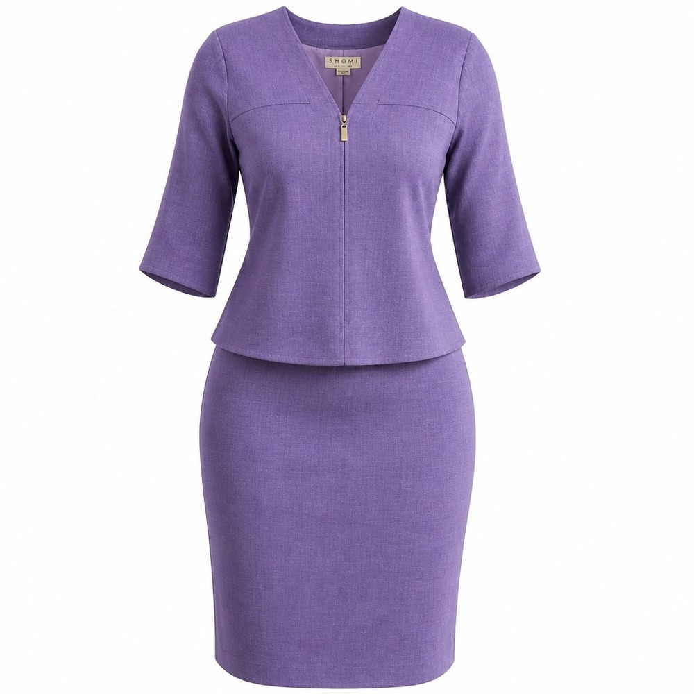 Shomi by Miller Shor Purple 2 Piece Skirt Suit Set Zip Front Jacket Size 14 Y2K